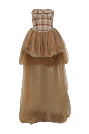 Brown strapless gown with plaid bodice on a white background