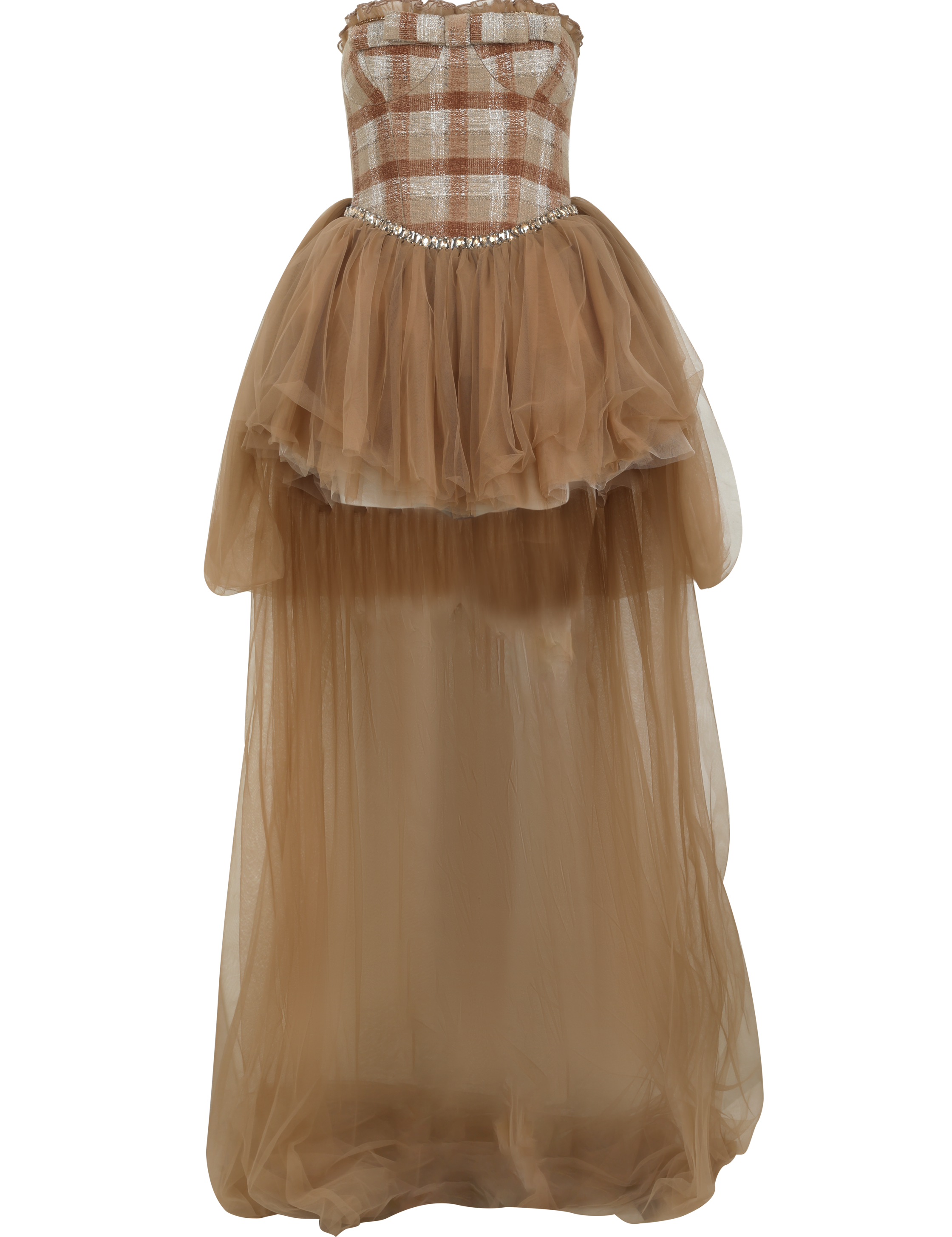 Brown strapless gown with plaid bodice on a white background