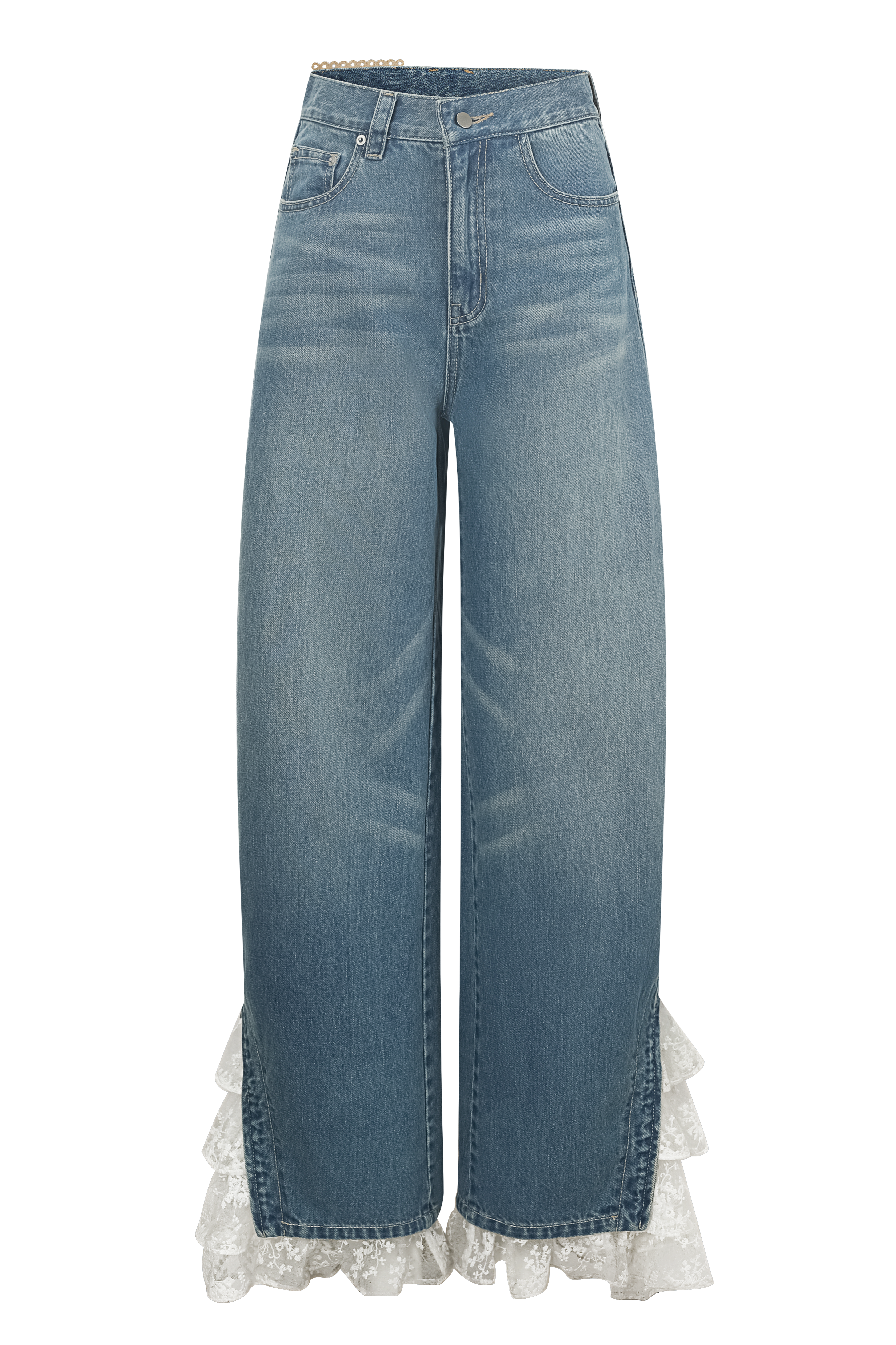 Light Blue Lace Wave-Hem Split Denim Pants