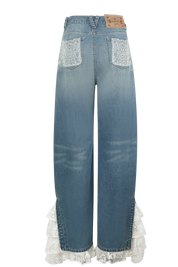 Light Blue Lace Wave-Hem Split Denim Pants