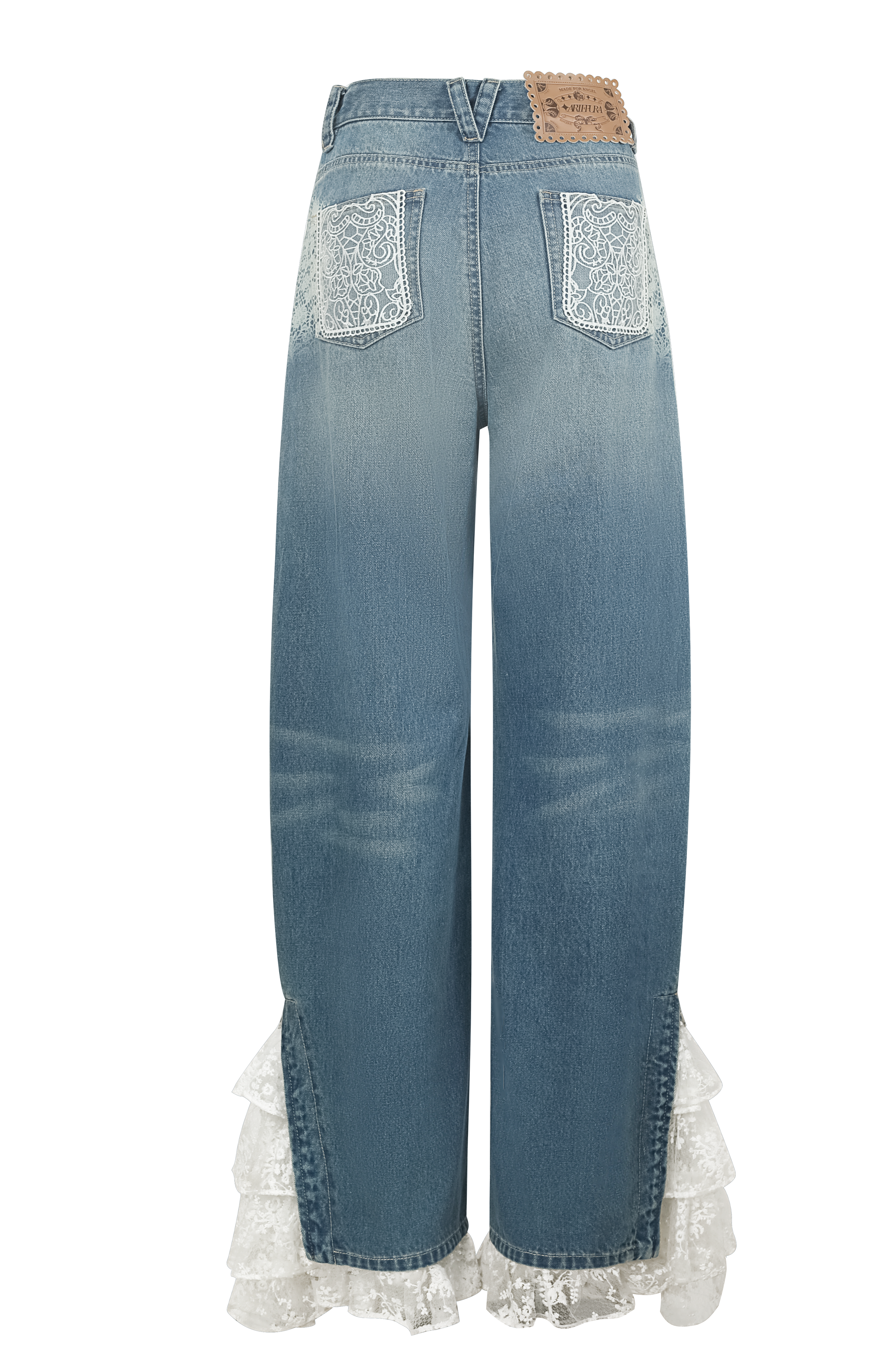 Light Blue Lace Wave-Hem Split Denim Pants