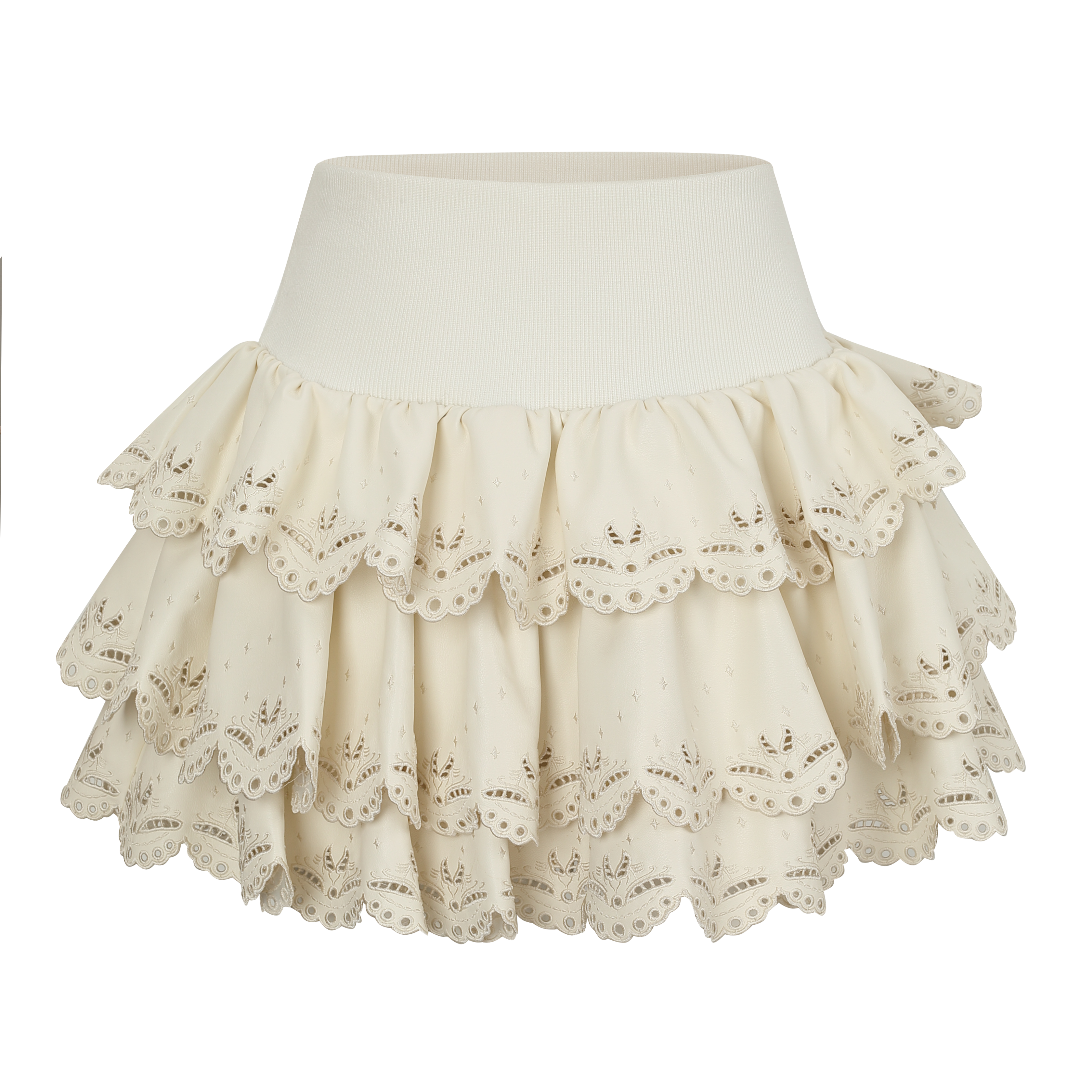 Ivory Laser-Cut Embossed Leather Tiered Skirt