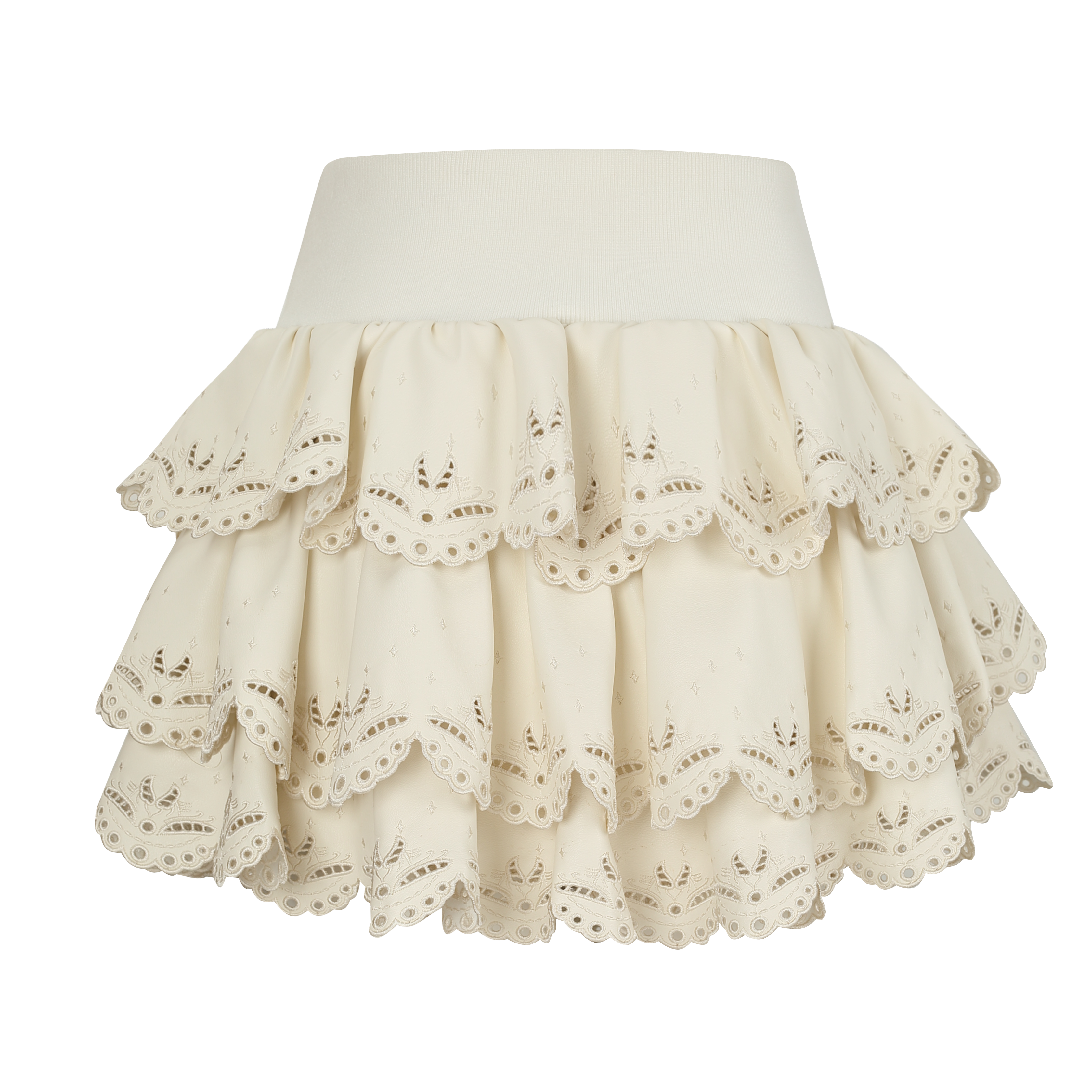 Ivory Laser-Cut Embossed Leather Tiered Skirt