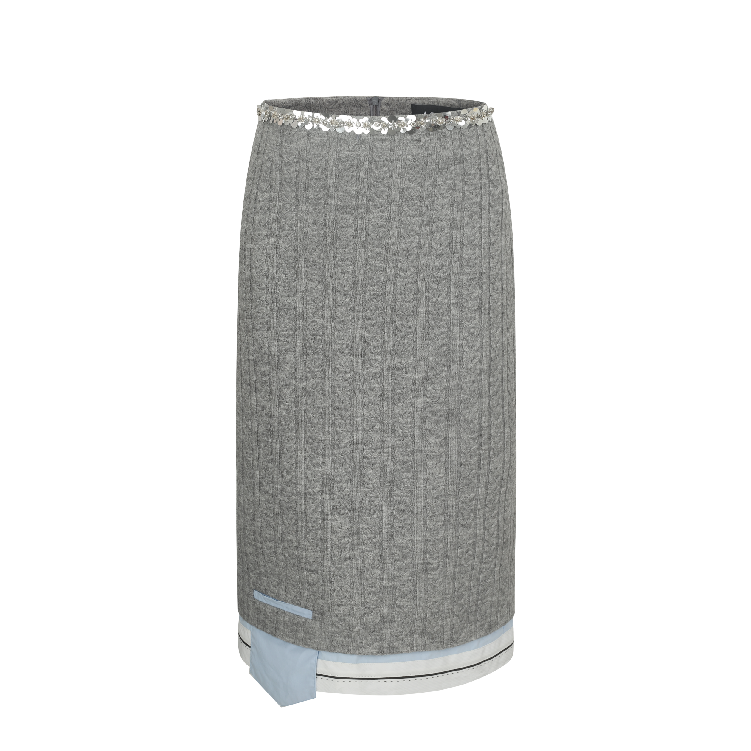 Gray Sequin-Waist Cable-Knit Midi Skirt