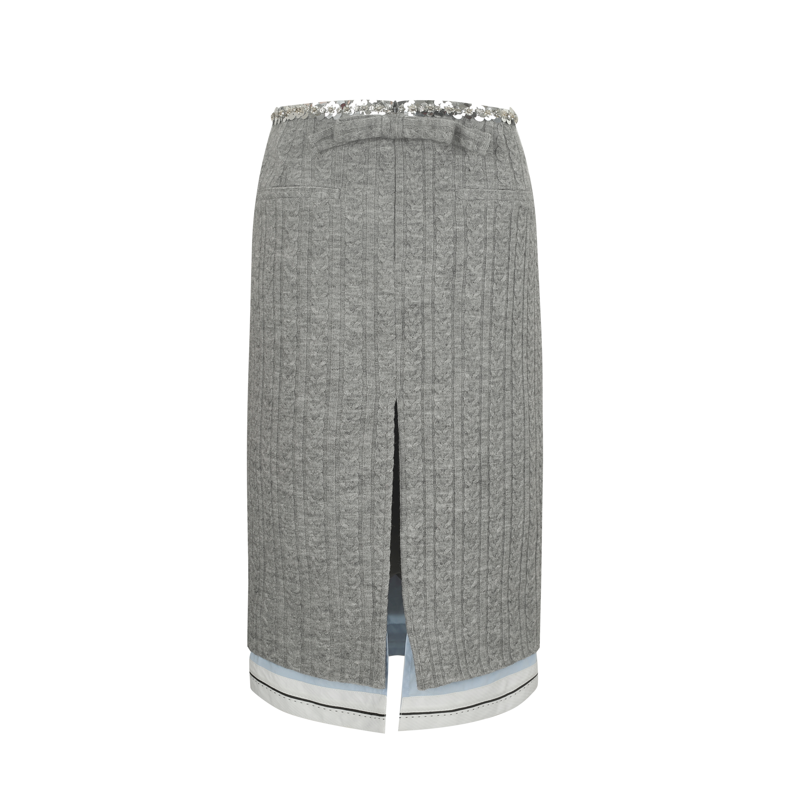 Gray Sequin-Waist Cable-Knit Midi Skirt