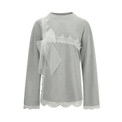 Grey Mesh Bow Contrast Lace Long-Sleeve Tee