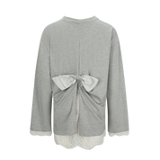 Grey Mesh Bow Contrast Lace Long-Sleeve Tee