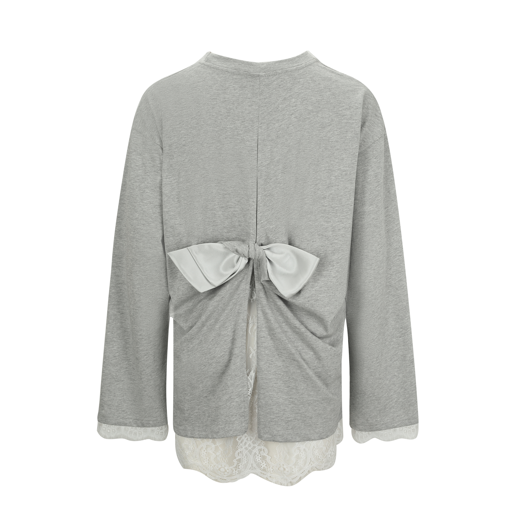 Grey Mesh Bow Contrast Lace Long-Sleeve Tee