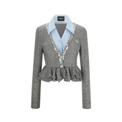 Blue Shirt with Gray Cable-Knit Bubble Hem