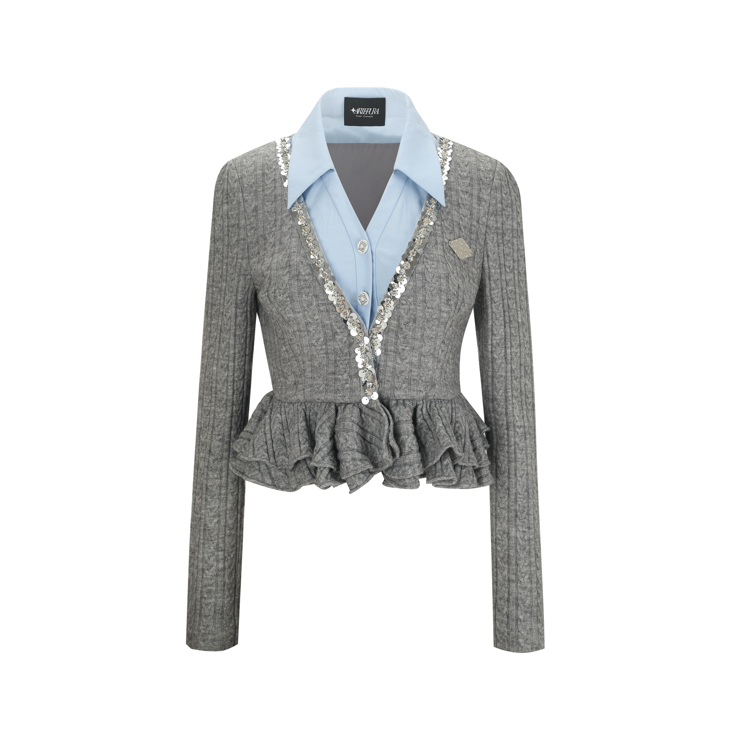 Blue Shirt with Gray Cable-Knit Bubble Hem