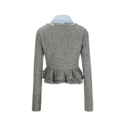 Blue Shirt with Gray Cable-Knit Bubble Hem