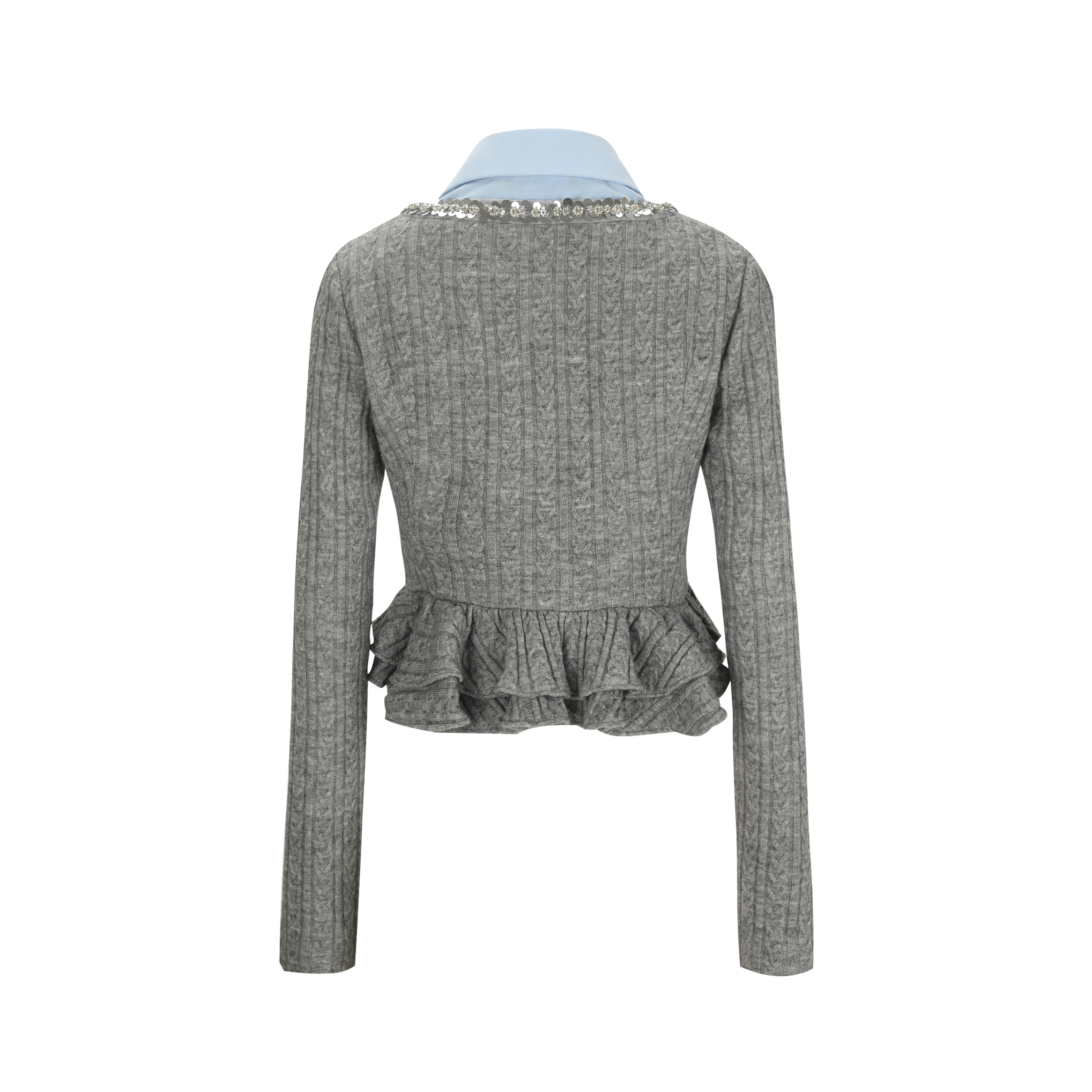 Blue Shirt with Gray Cable-Knit Bubble Hem
