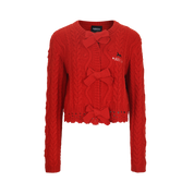 Red Wool Knit Cardigan with Bow Trim