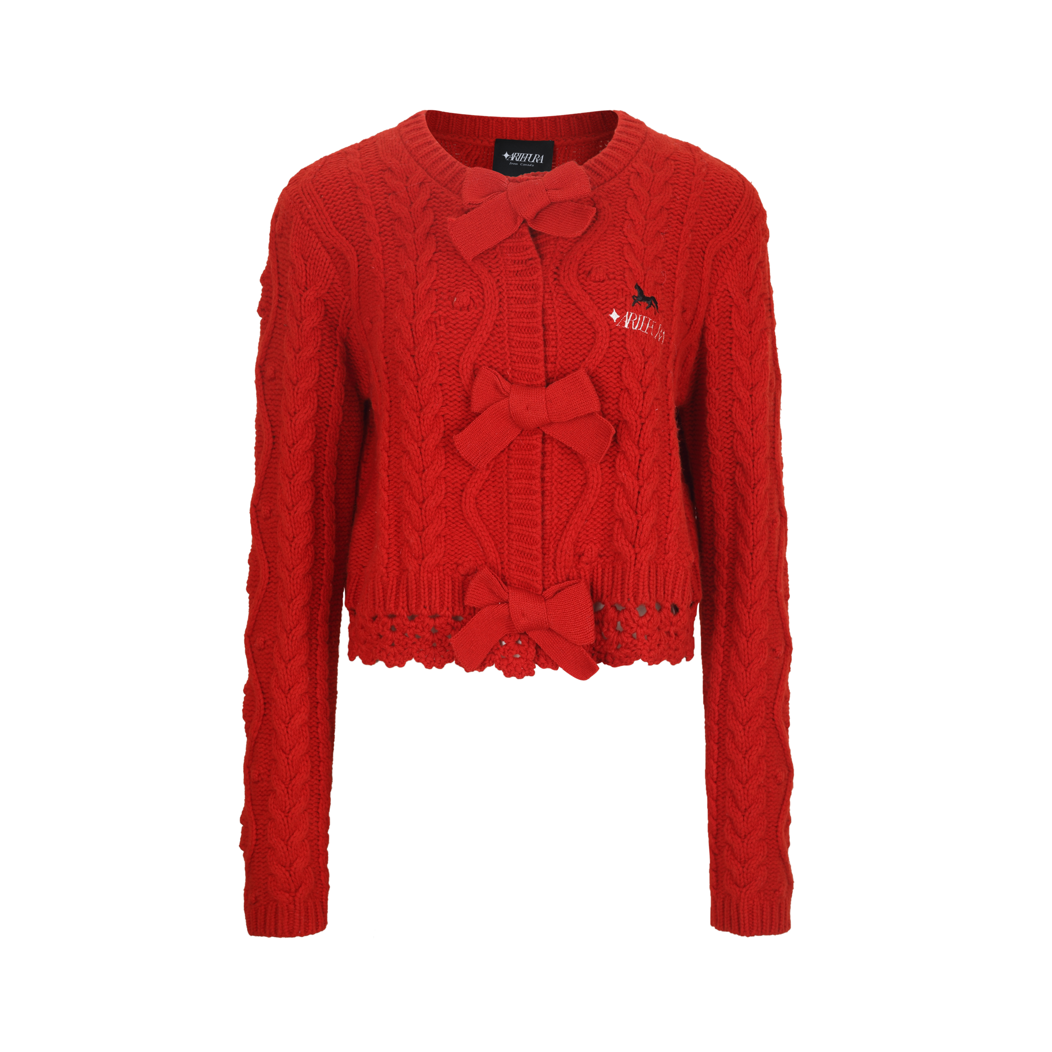 Red Wool Knit Cardigan with Bow Trim