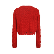 Red Wool Knit Cardigan with Bow Trim