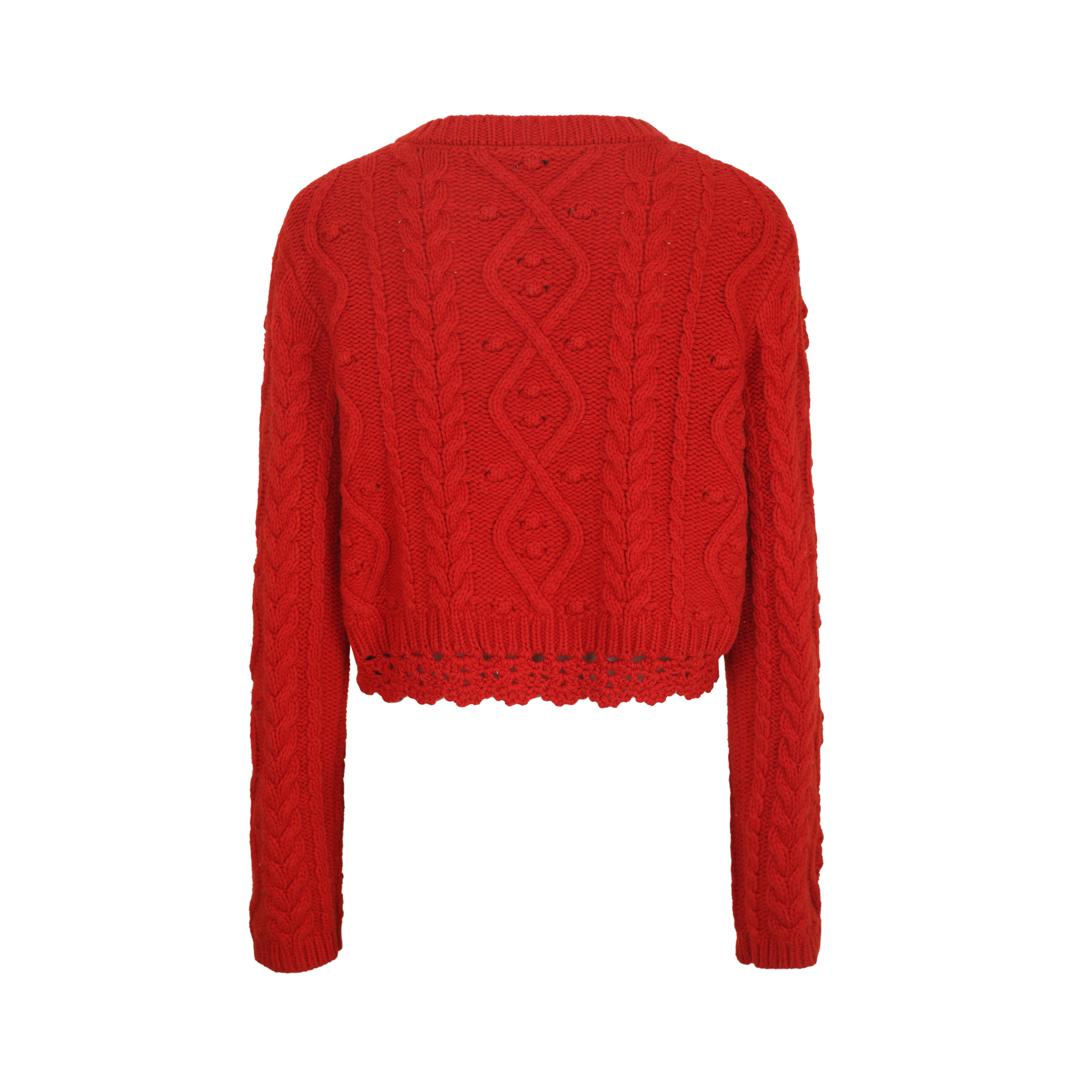 Red Wool Knit Cardigan with Bow Trim