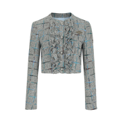 Gray Gradient Plaid Lace-Trim Jacket