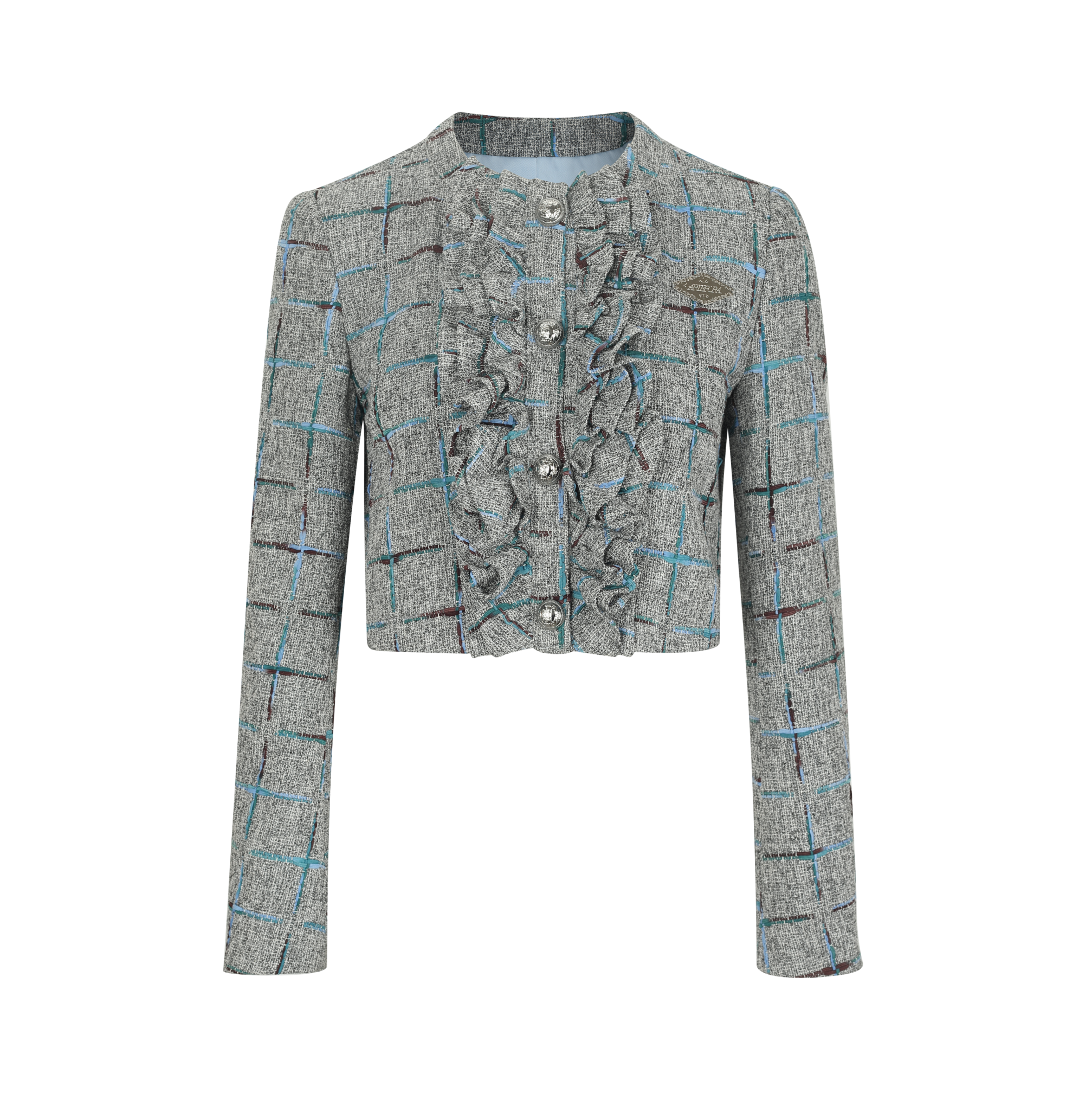 Gray Gradient Plaid Lace-Trim Jacket