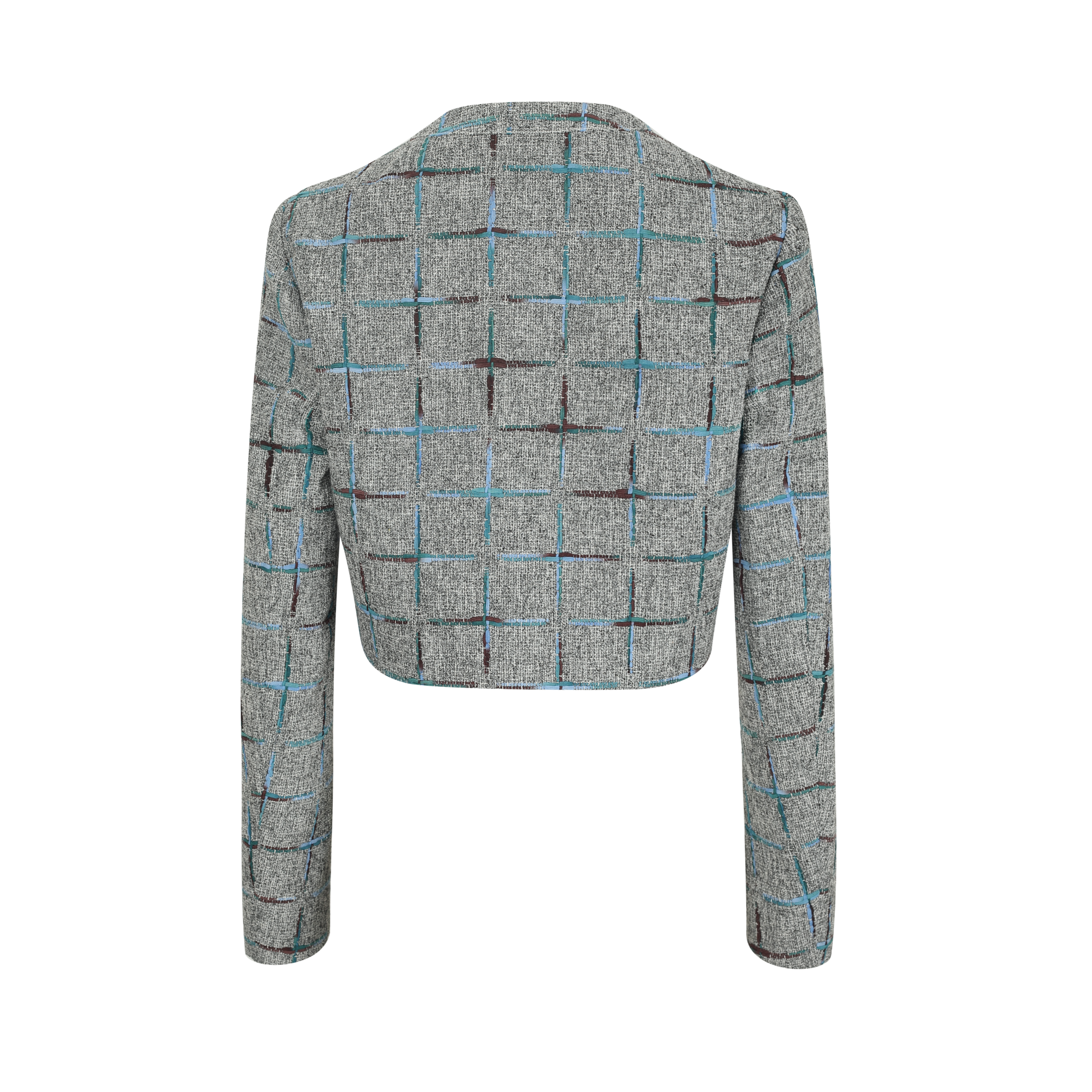 Gray Gradient Plaid Lace-Trim Jacket