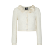White Pearl-Embellished Jacket with 3D Floral Decor