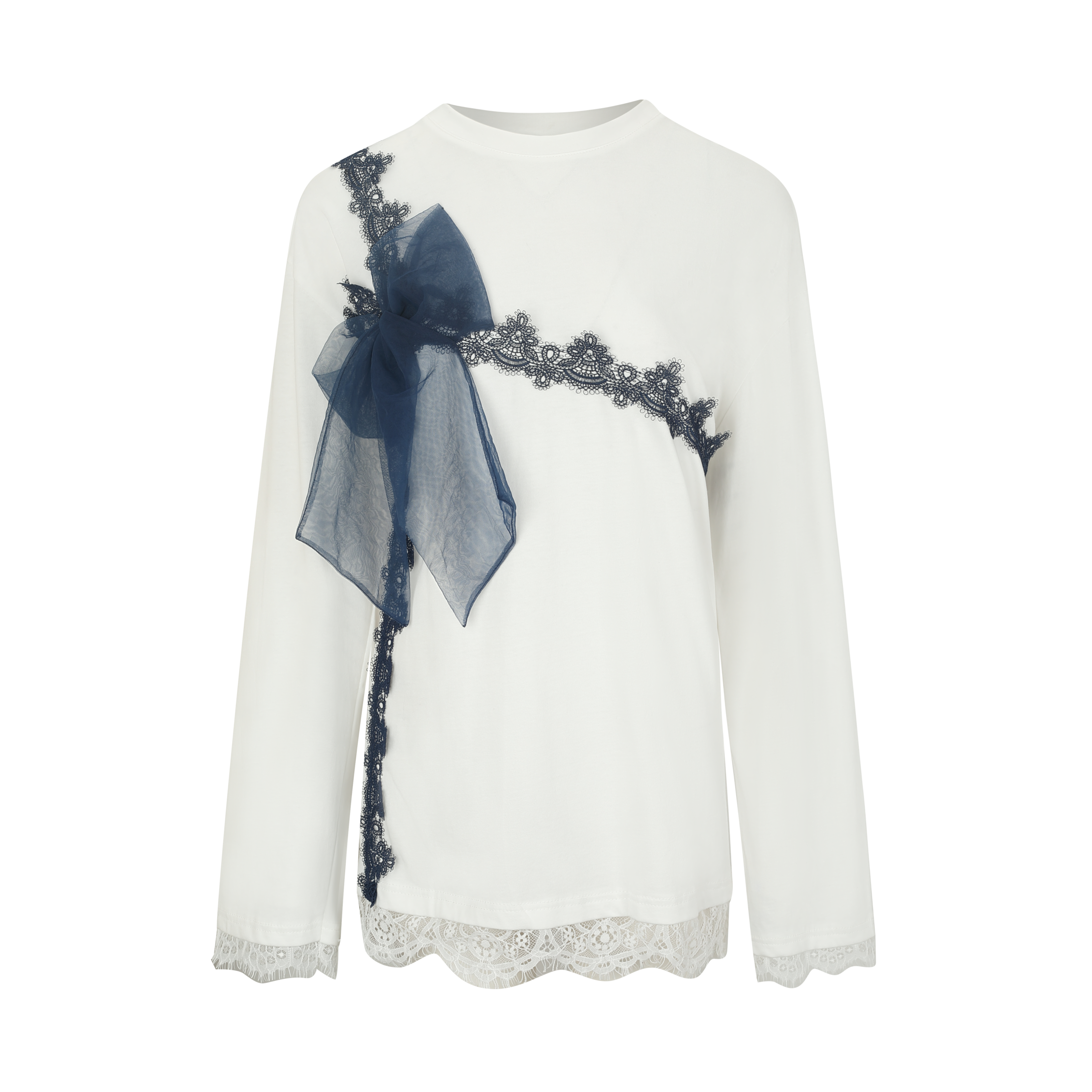 White Mesh Bow Contrast Lace Long-Sleeve Tee