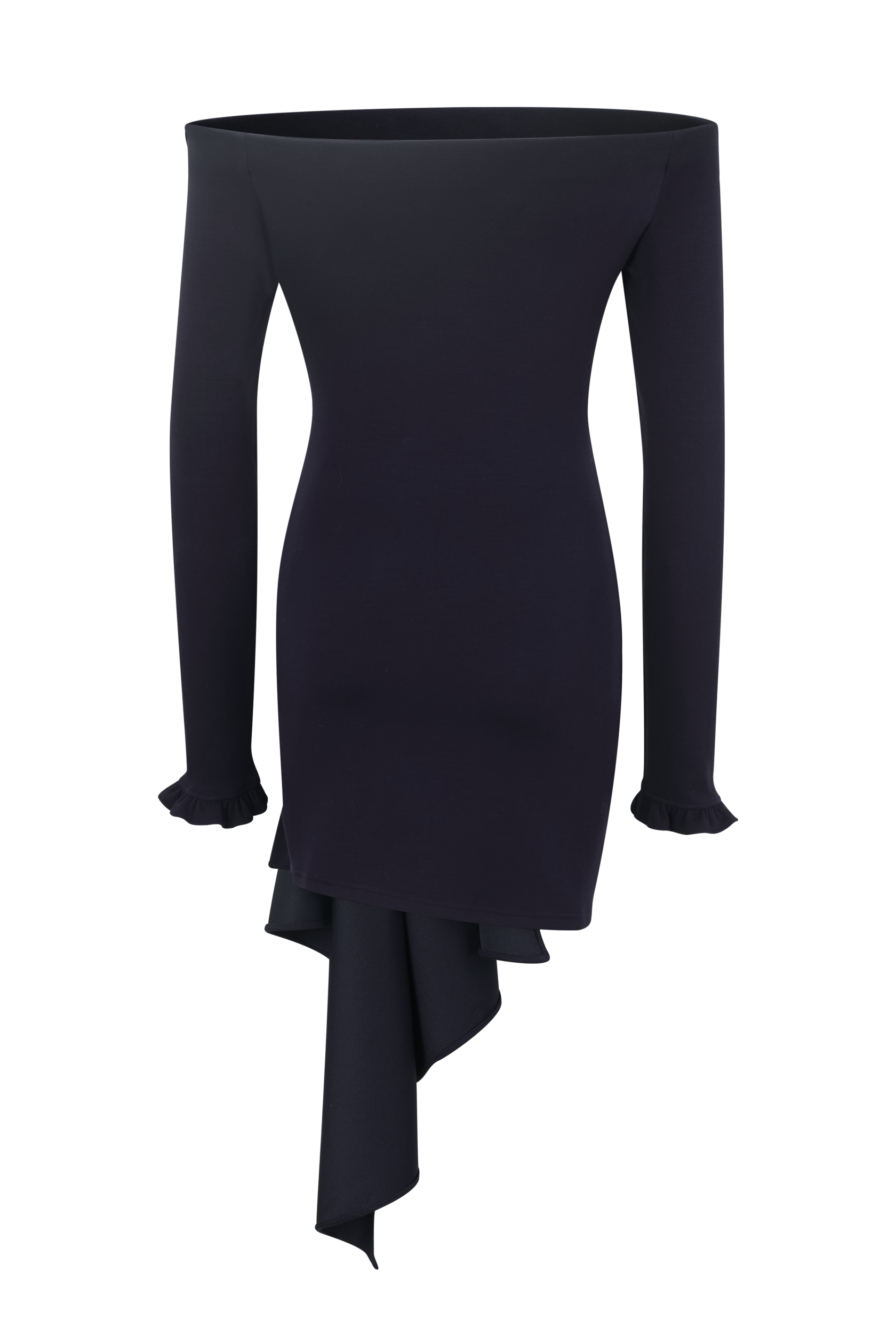 Navy Asymmetric Off-Shoulder Printed Dress with Belted Waist