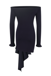 Navy Asymmetric Off-Shoulder Printed Dress with Belted Waist