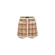 Brown Plaid Mini Skirt with Decorative Buttons
