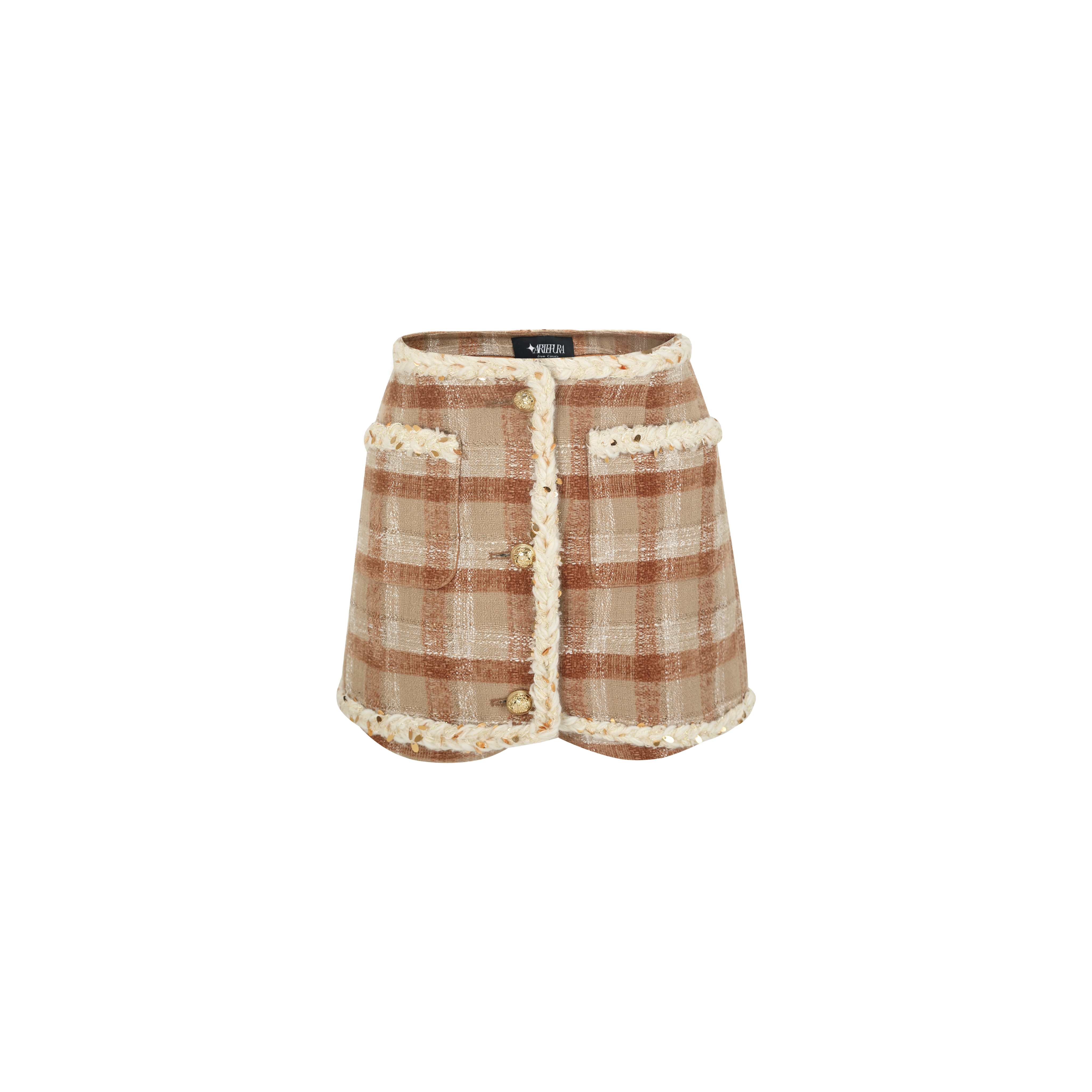 Brown Plaid Mini Skirt with Decorative Buttons