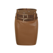 Light Brown Faux-Layered Belt-Trim Eggshell Leather Skirt