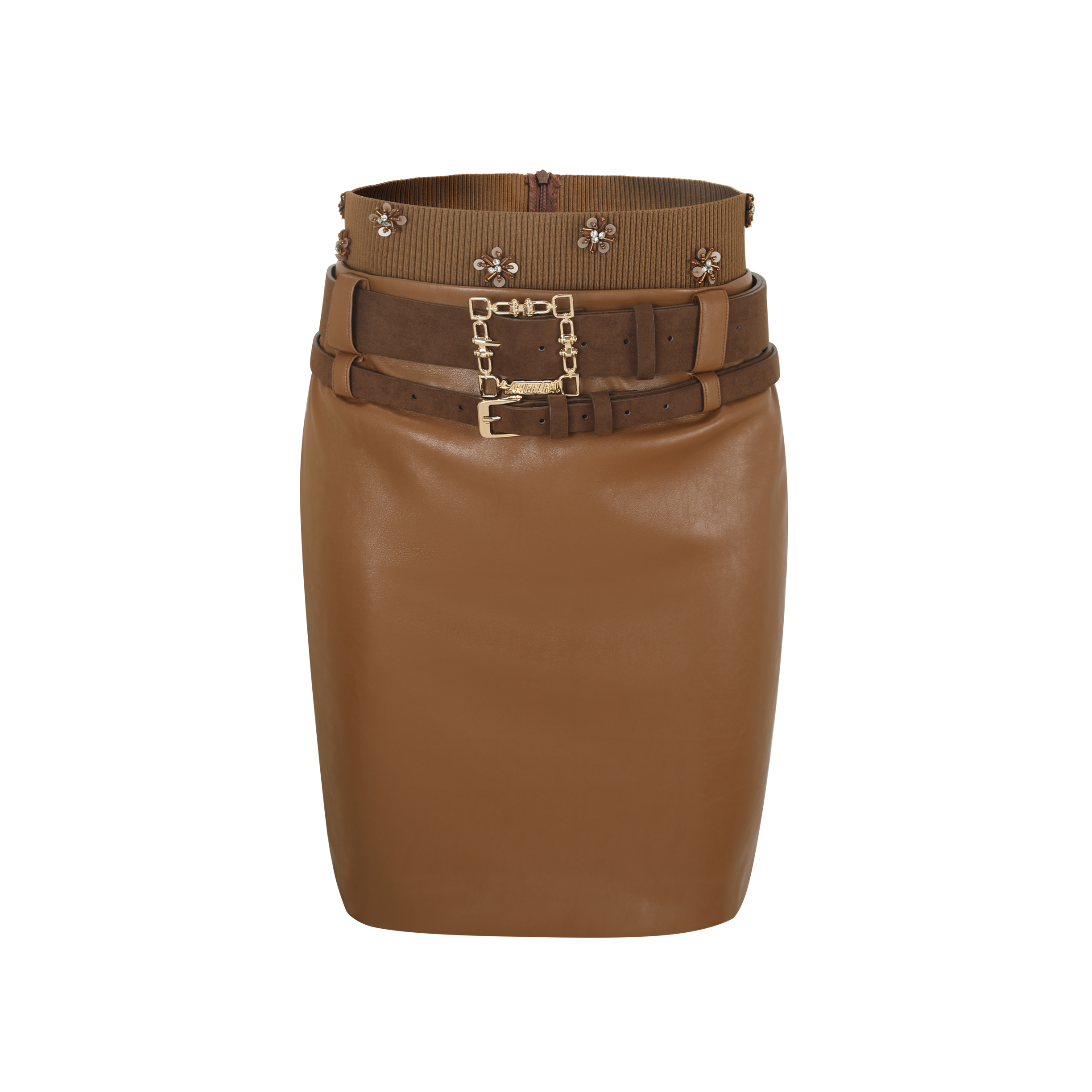Light Brown Faux-Layered Belt-Trim Eggshell Leather Skirt