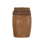Light Brown Faux-Layered Belt-Trim Eggshell Leather Skirt