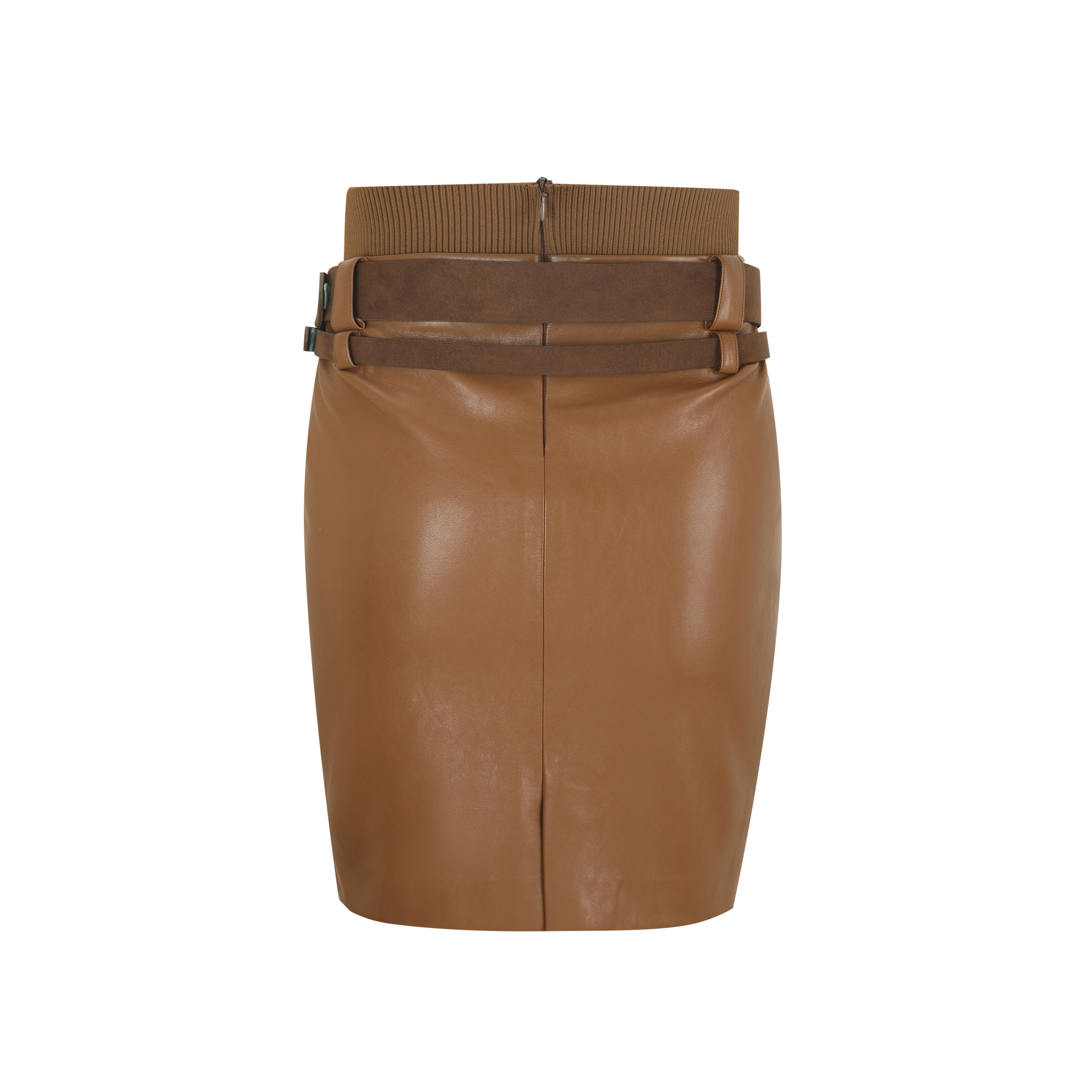 Light Brown Faux-Layered Belt-Trim Eggshell Leather Skirt