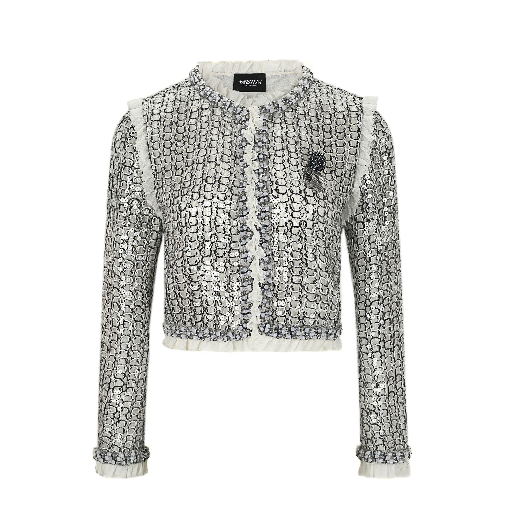 Gray Sequin Jacket with Tulle Trim