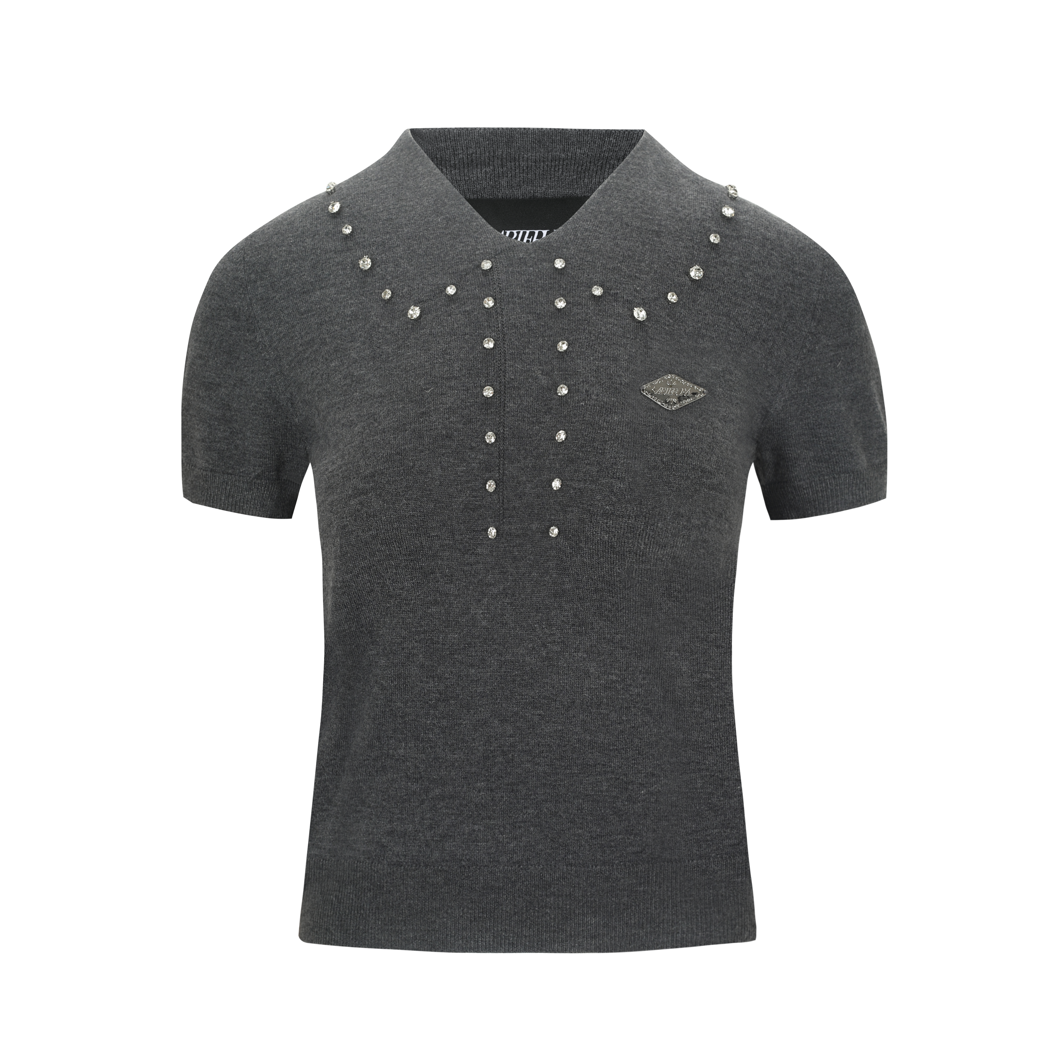 Dark Gray Rhinestone Collar Cropped Top