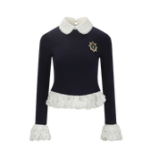 Navy and White Bubble-Hem Top with Equestrian Crest