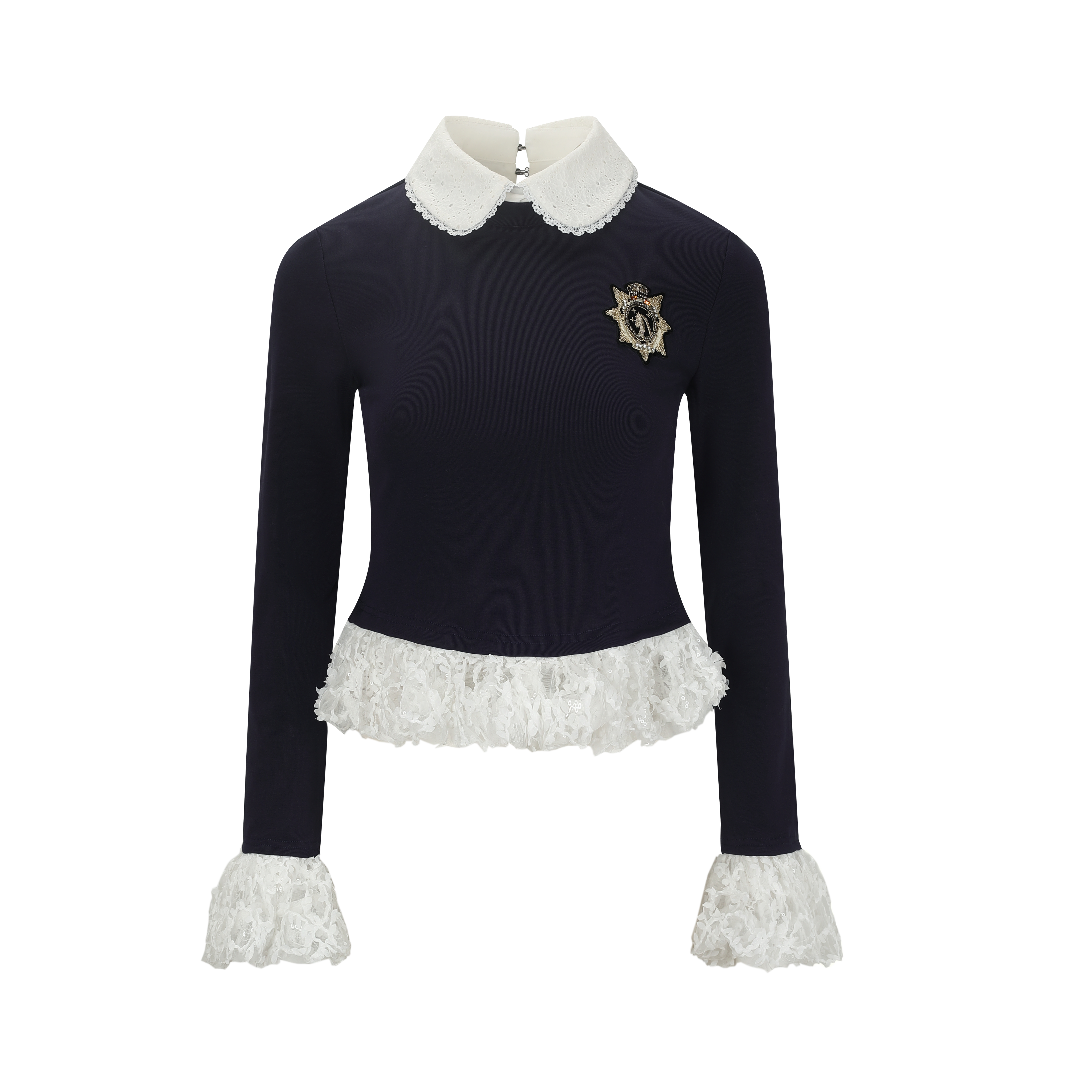 Navy and White Bubble-Hem Top with Equestrian Crest