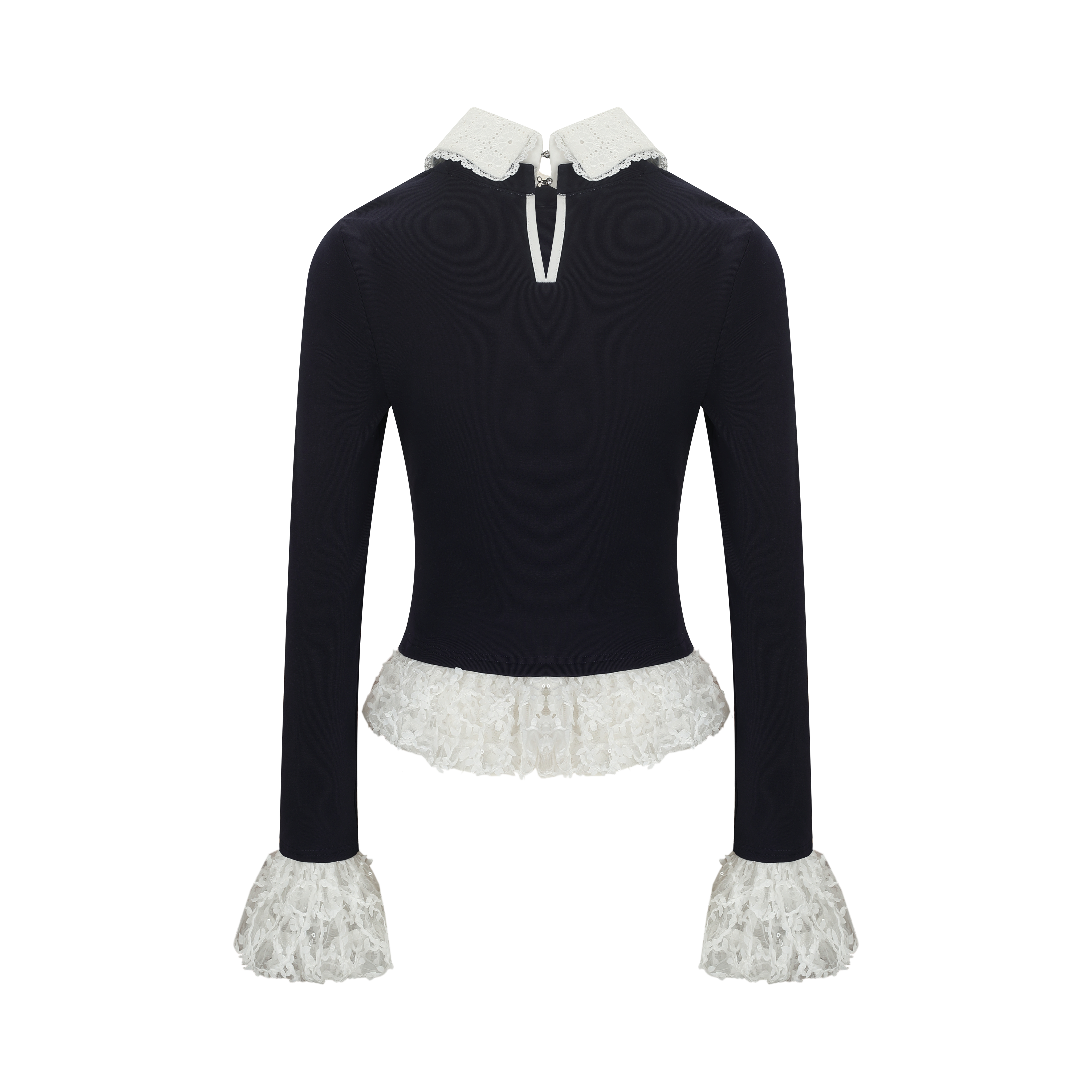 Navy and White Bubble-Hem Top with Equestrian Crest