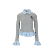 Gray and Blue Bubble-Hem Top with Equestrian Crest
