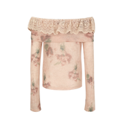 Coral Pink Wavy Lace Off-Shoulder Knit with Floral Print