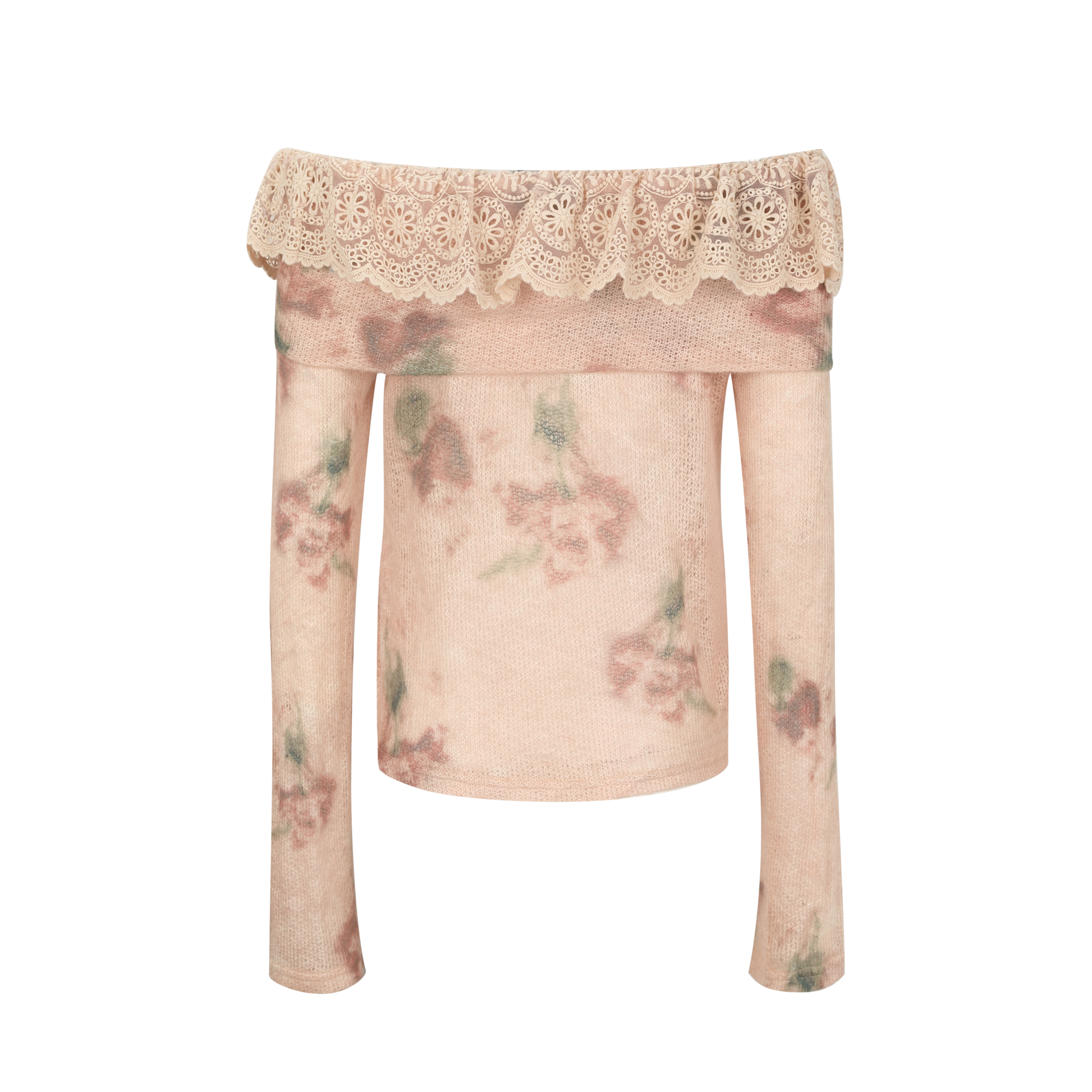 Coral Pink Wavy Lace Off-Shoulder Knit with Floral Print