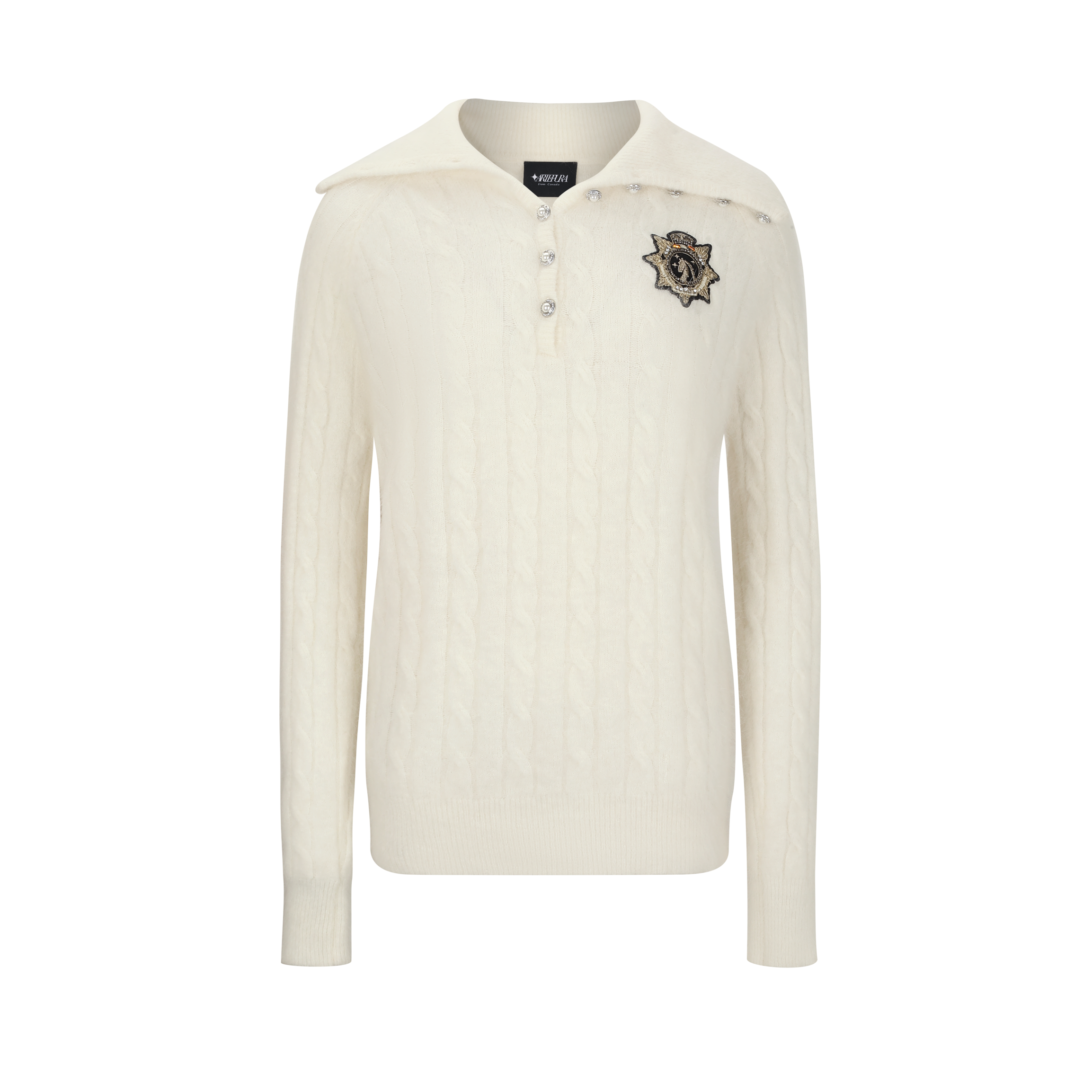 White Cable-Knit Badge Sweater