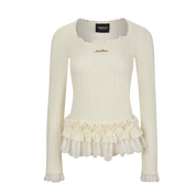 Ivory Lace-Trim Wool Knit Scalloped Top