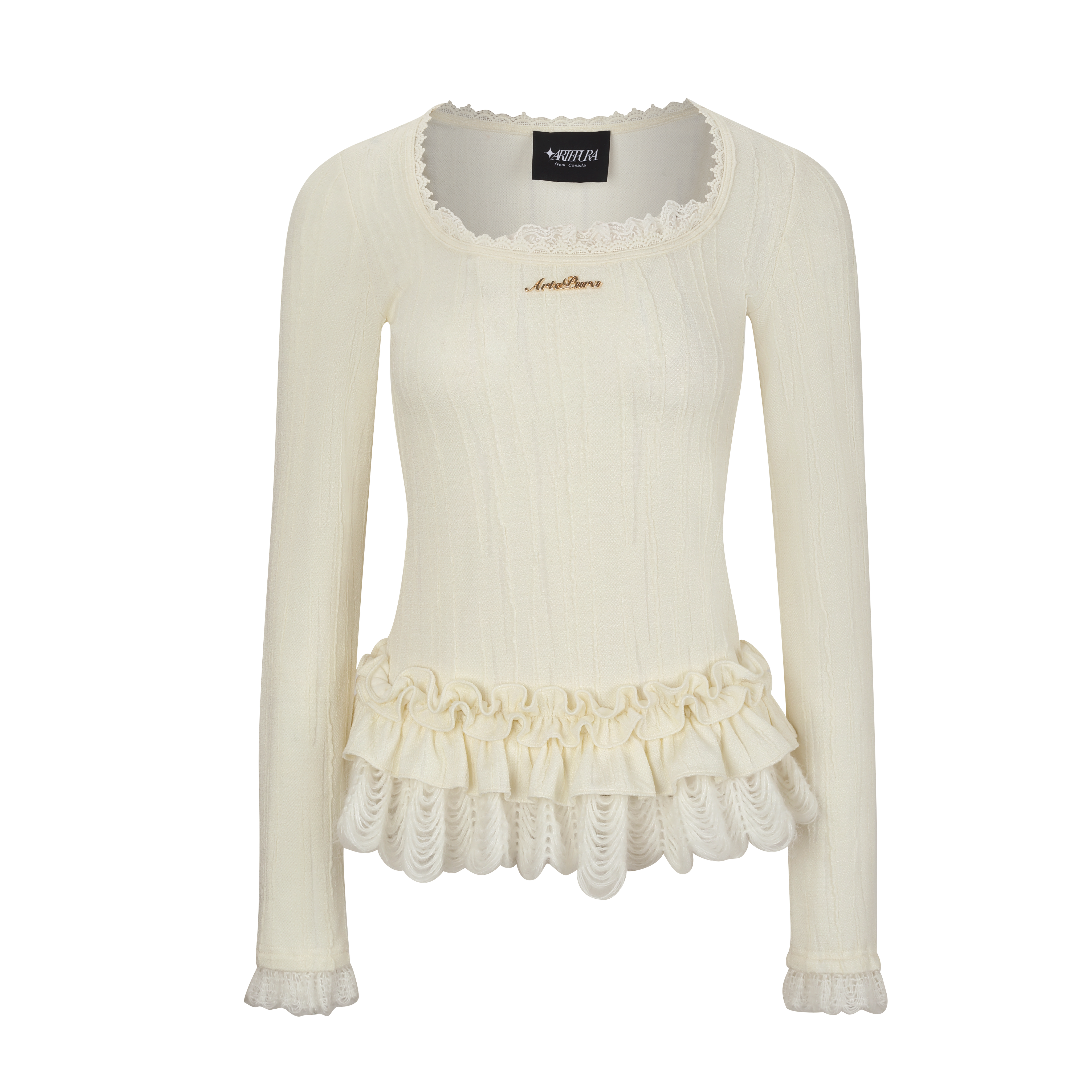 Ivory Lace-Trim Wool Knit Scalloped Top