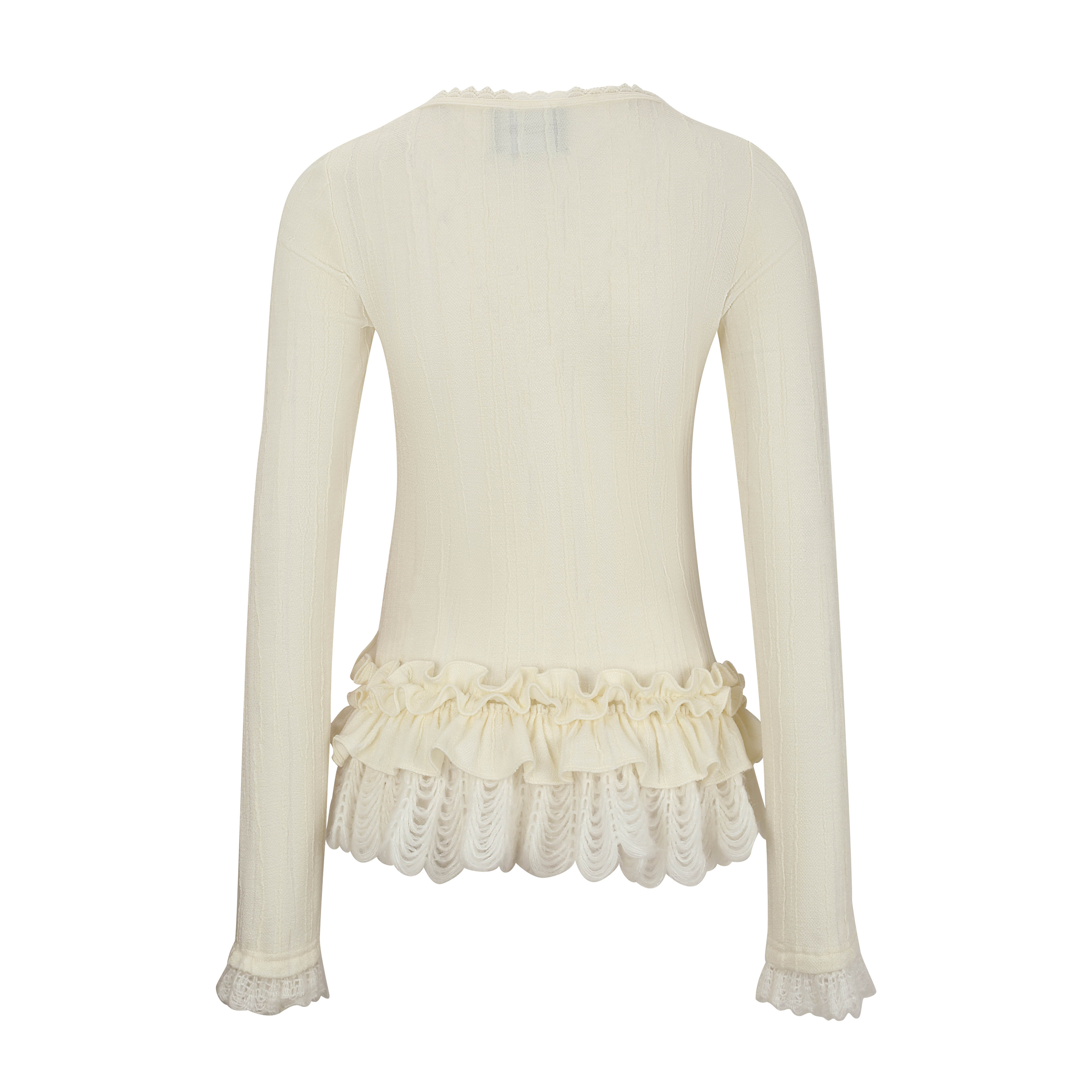 Ivory Lace-Trim Wool Knit Scalloped Top