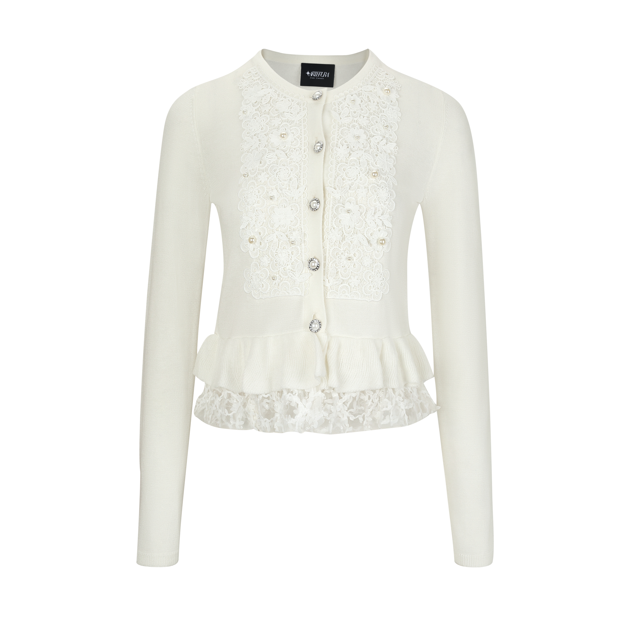 White Knit Cardigan with Pearl-Embellished Floral Accents