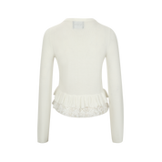 White Knit Cardigan with Pearl-Embellished Floral Accents