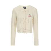 Ivory Wool Knit Cardigan with Bow Trim