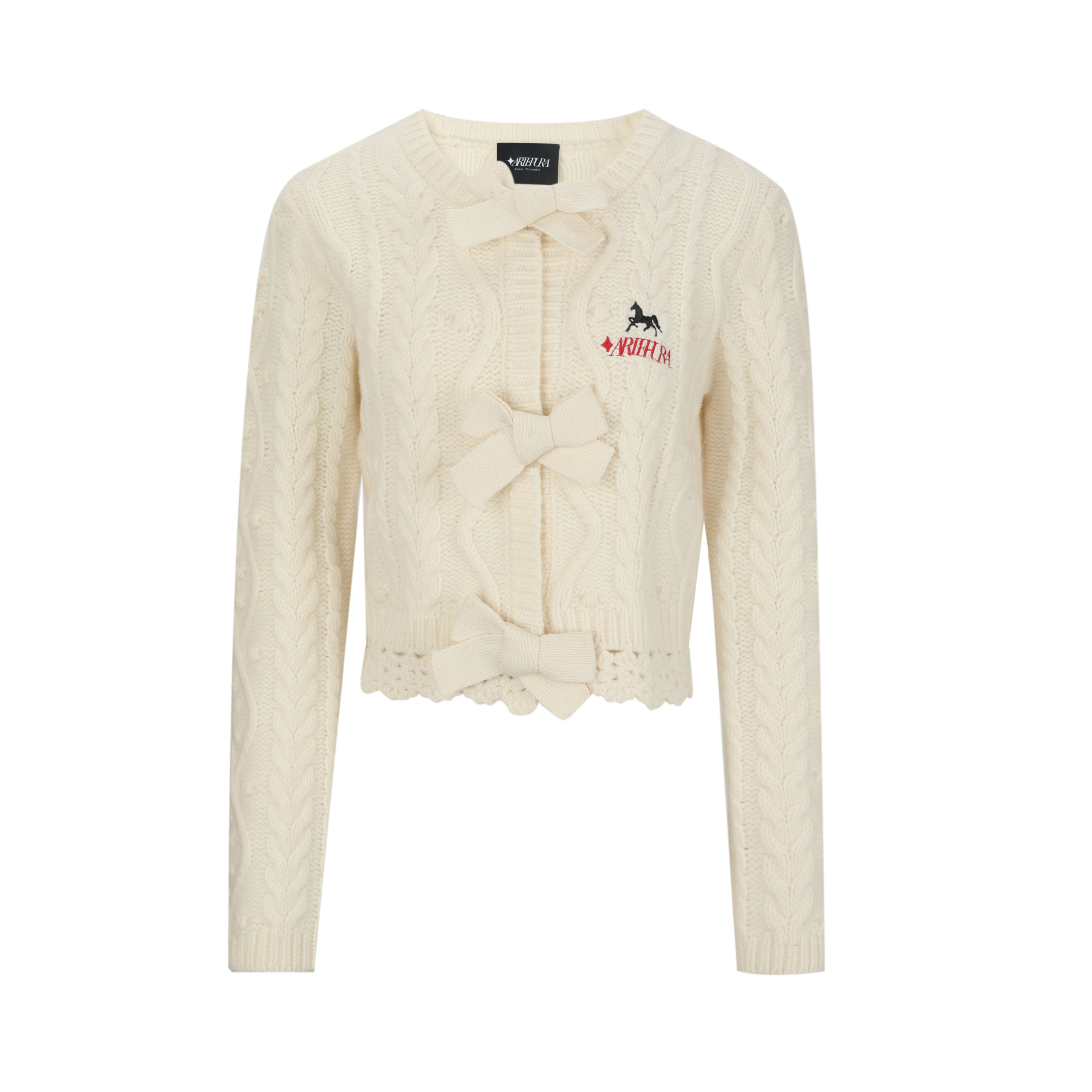 Ivory Wool Knit Cardigan with Bow Trim