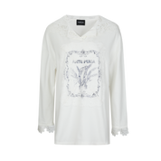 White Printed Lace Hoodie Fleece Long T-Shirt